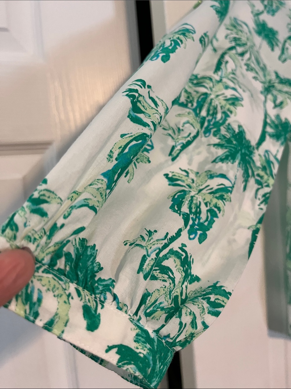 Talbots White Blouse with Green Palm-Print Button Front - Picture 3 of 5